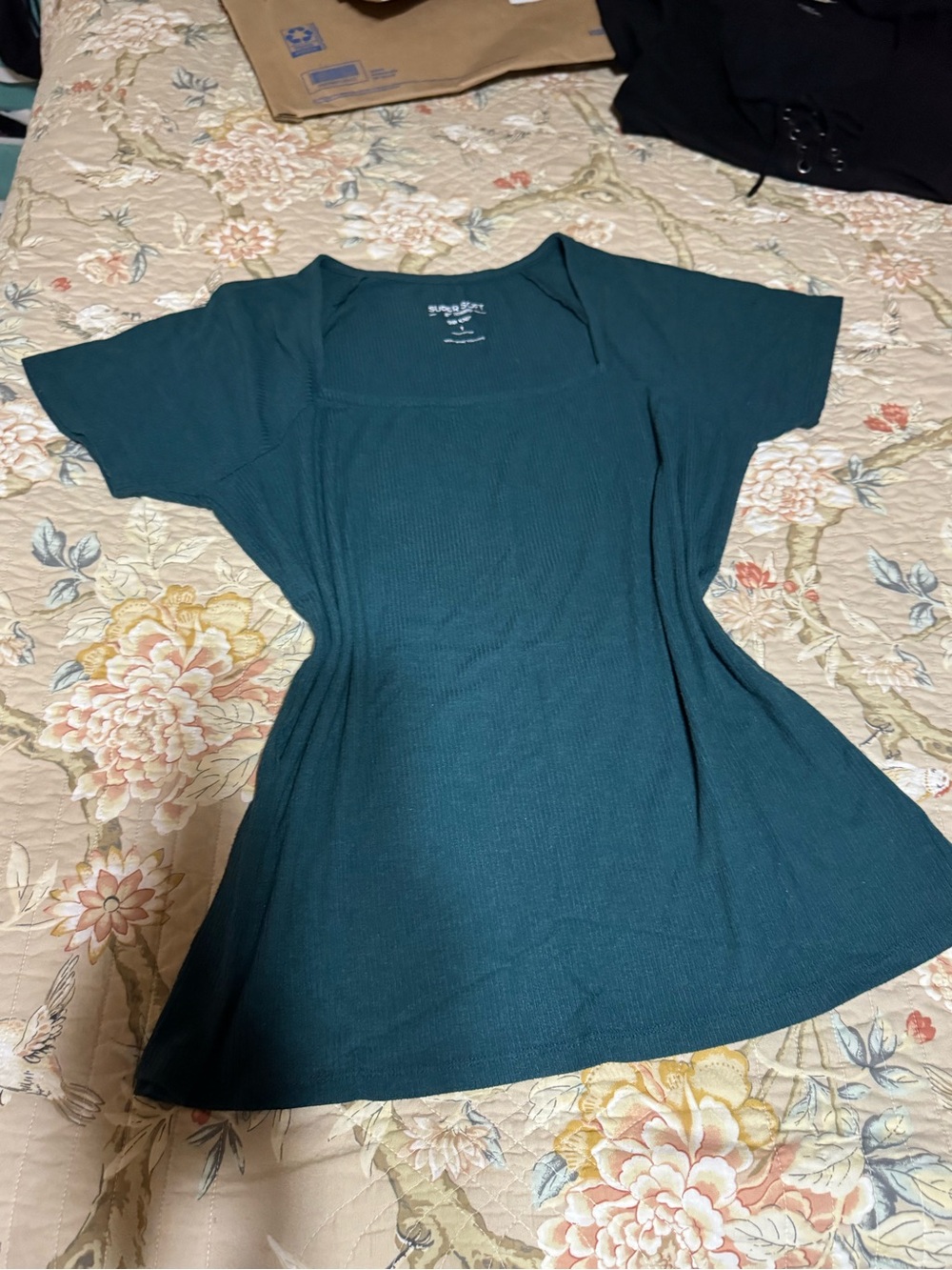 torrid Dark Teal Ribbed Square-Neck Short Sleeve Top